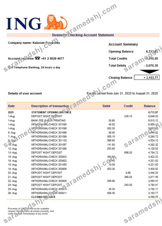 ING Direct business bank statement Word and PDF format